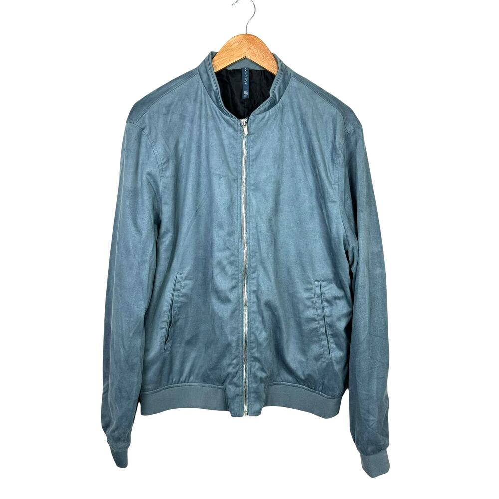 Zara Man NWT Light Blue Faux Suede Zip Up Collarless Classic Bomber Jacket